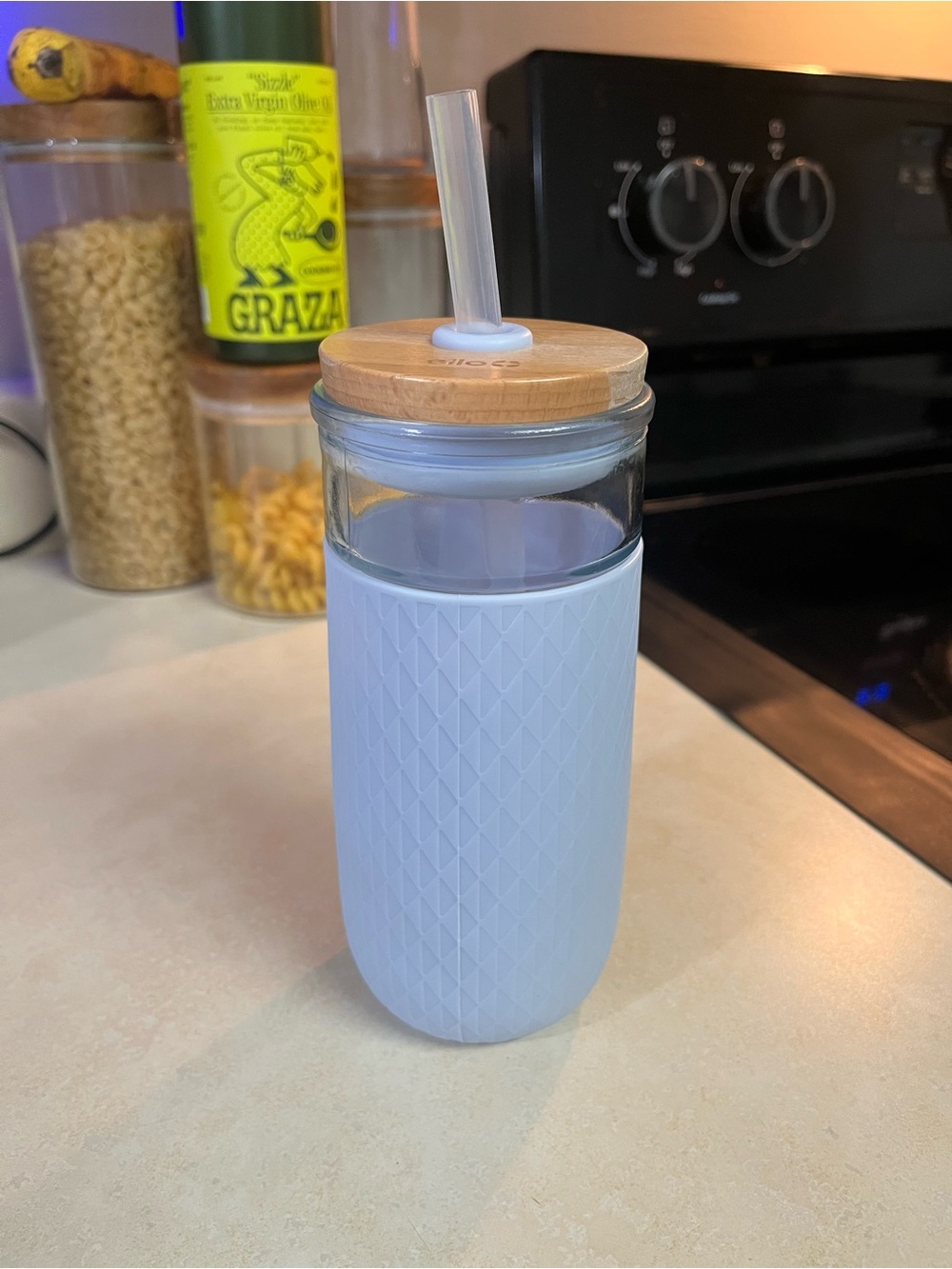Glass Drinking Tumbler with Bamboo Lid and Light Purple Blue Silicone Sleeve